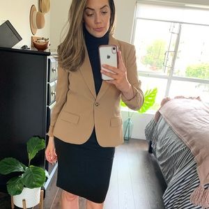 Tan blazer with coral accents